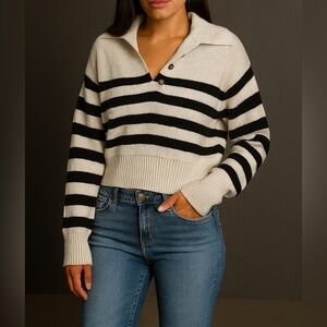 Cream Black Striped Collared Sweater – Women’s Small – Ribbed Knit Polo Style